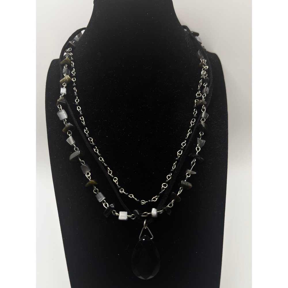 SO Layered Necklace Womens 17 In Black Faux Suede‎ Stone Chip Teardrop Pendant